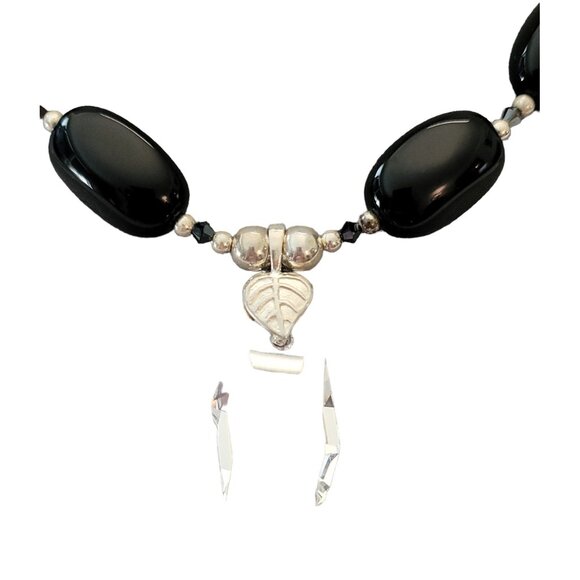 Sterling Silver Black Onyx Clear Geometrical Crystal Pendant Necklace E872 - Picture 10 of 16